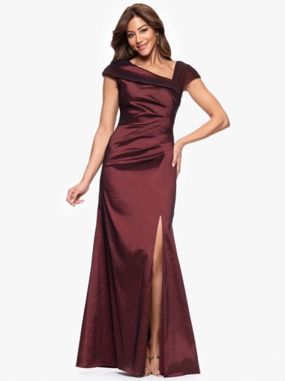 Xscape asymmetric pleated cap sleeve gown 7023x